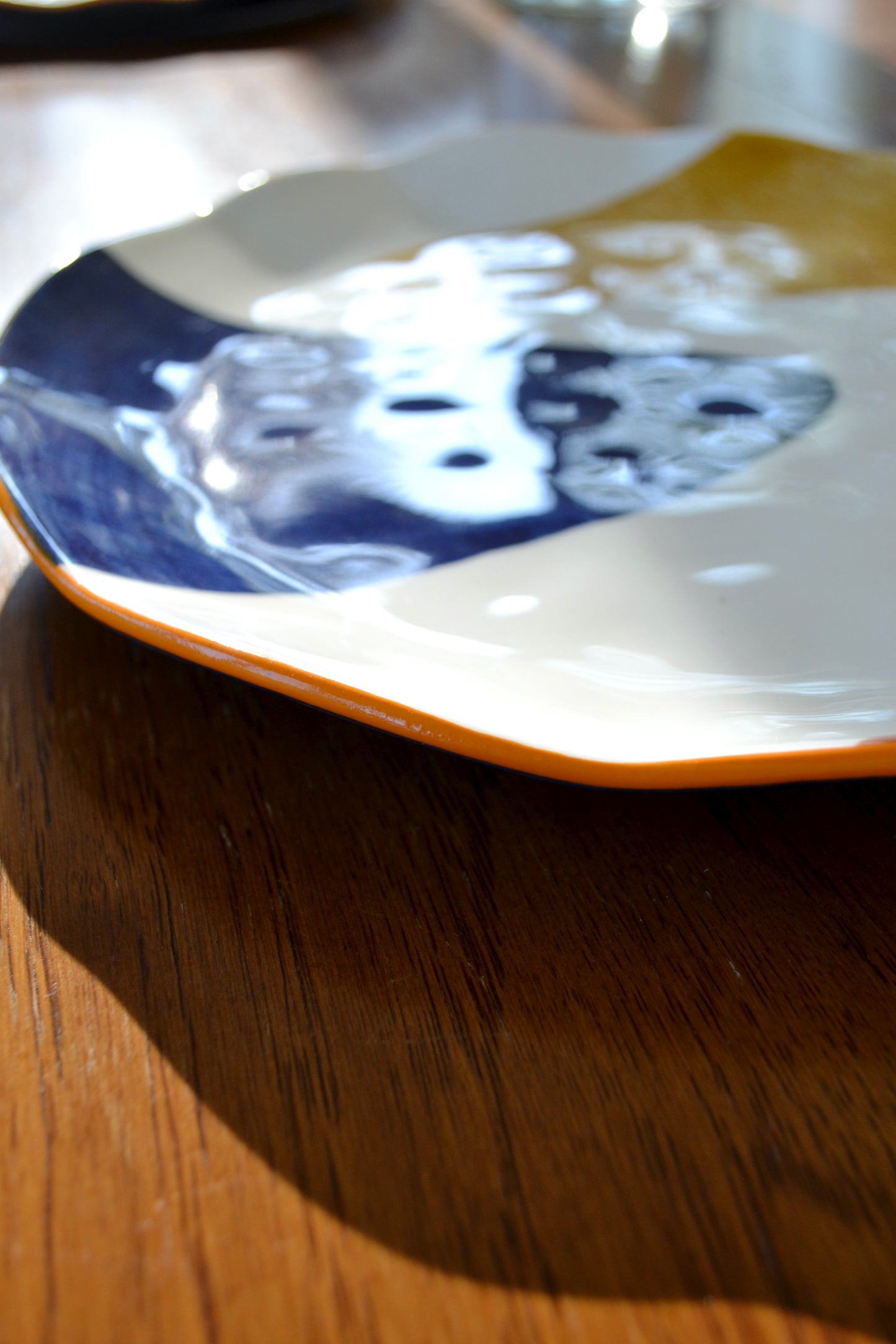 Porcelain plate set, orange blue yellow plates, six plate set, colorful plates, plate and bowl set, wavy edge plate, kitchen decor, profile view