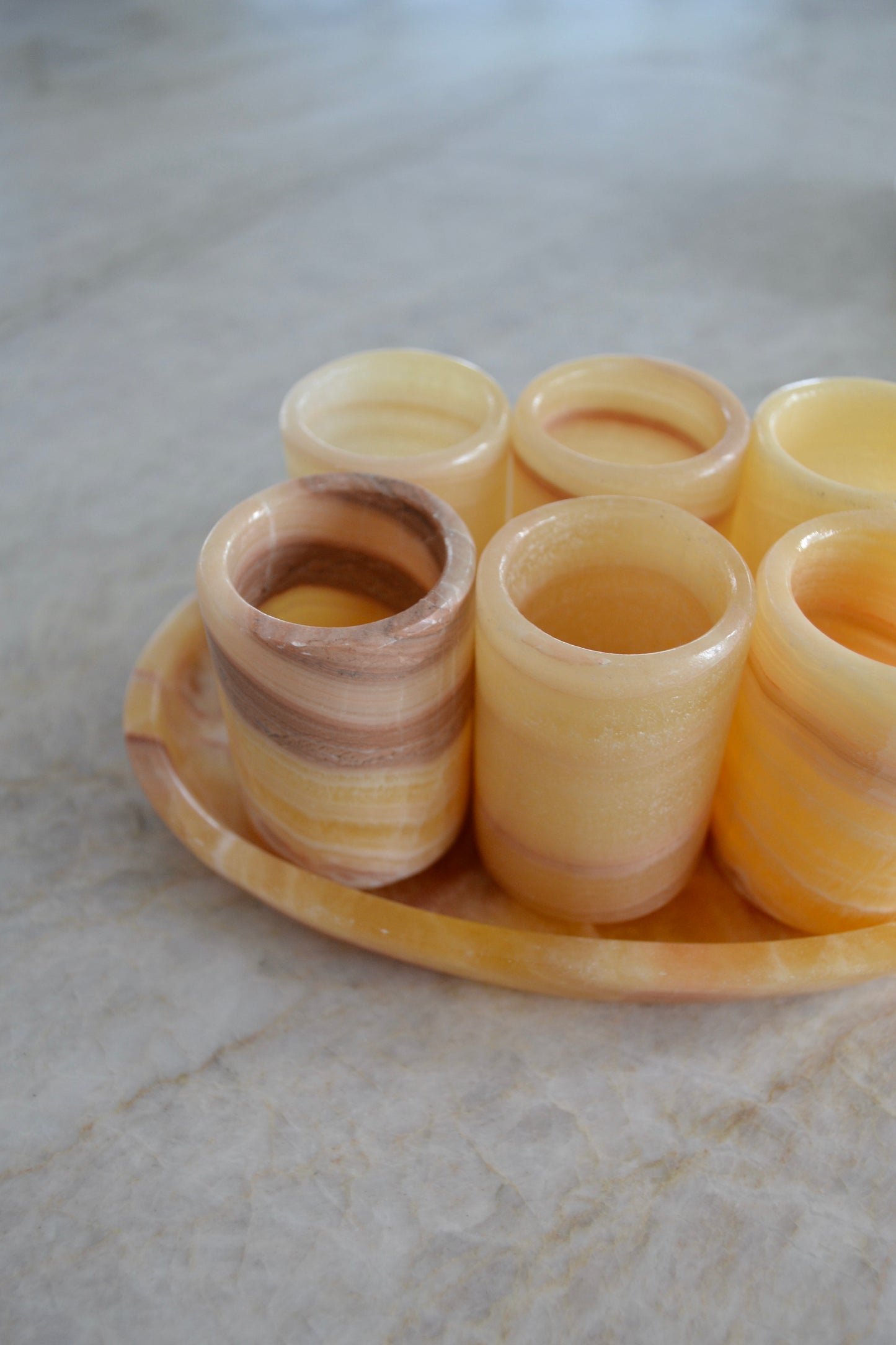 Fun shot glasses, drinking set, onyx shot glass, green shot glass, brown shot glass, orange shot glass, drinkware, kitchen home decor, orange set partial view