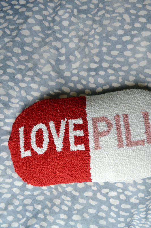 Wool pillow, hooked pillow, big deal pillow, throw pillow, pink red and white pillow, love pill pillow, living room, home decor, accents, partial view