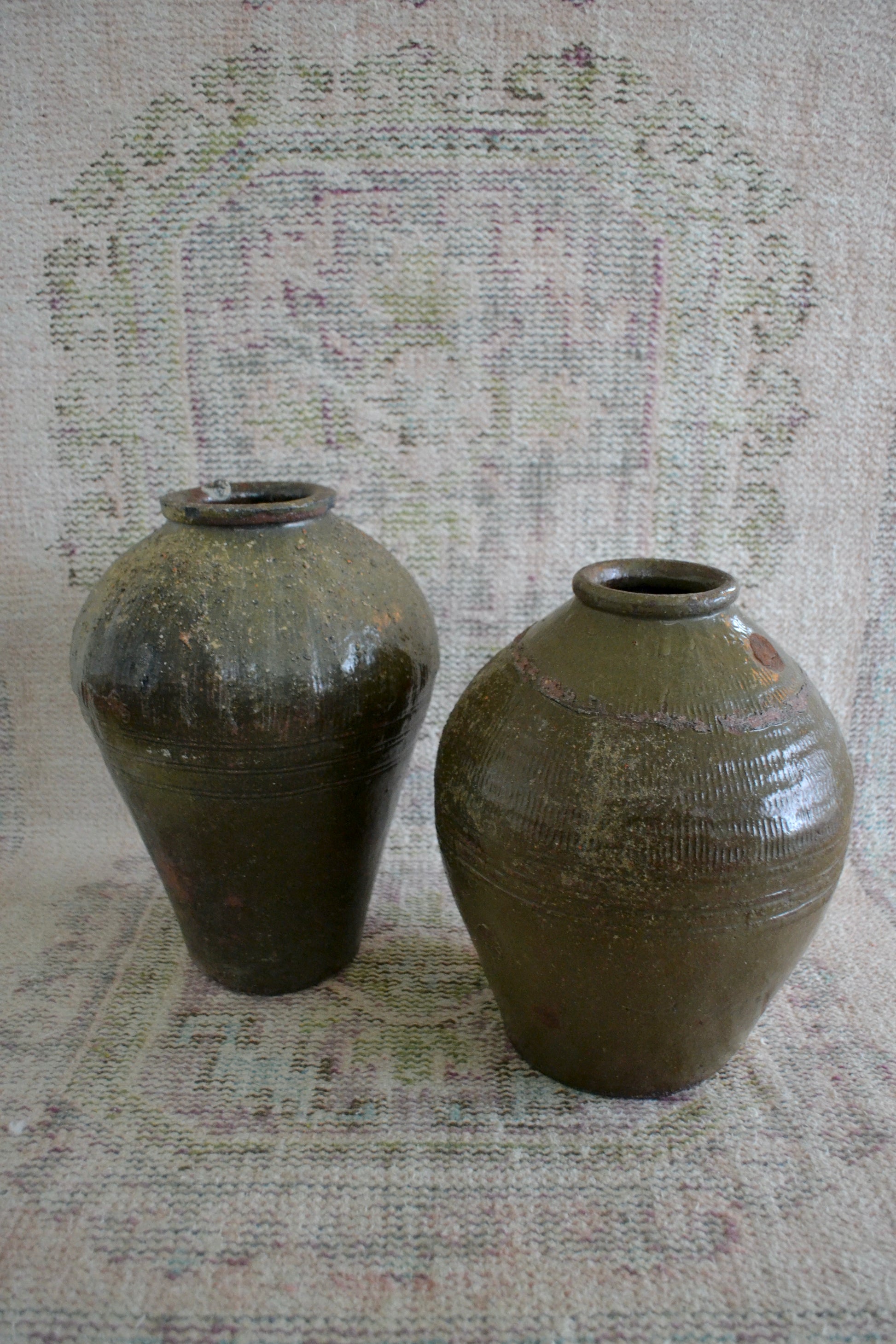 Large green jar, large flower vase, green vase, handmade, chinese jar, textured decorative vase, pair of vases, two size vases, home decor, full view