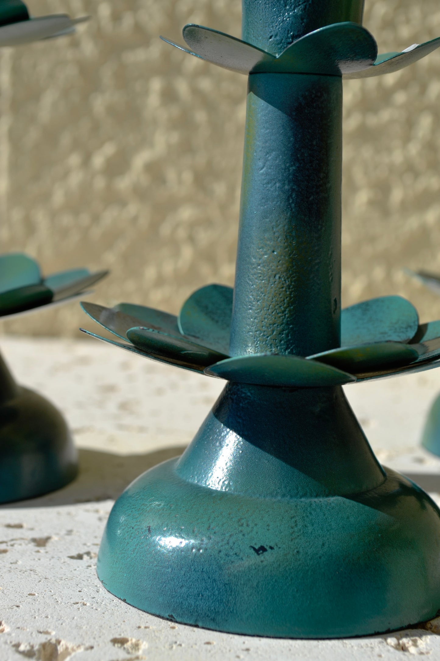 Metal candleholder, green candleholder, flower candleholder, coffee table decor, home accessories, teal decor, close up base view