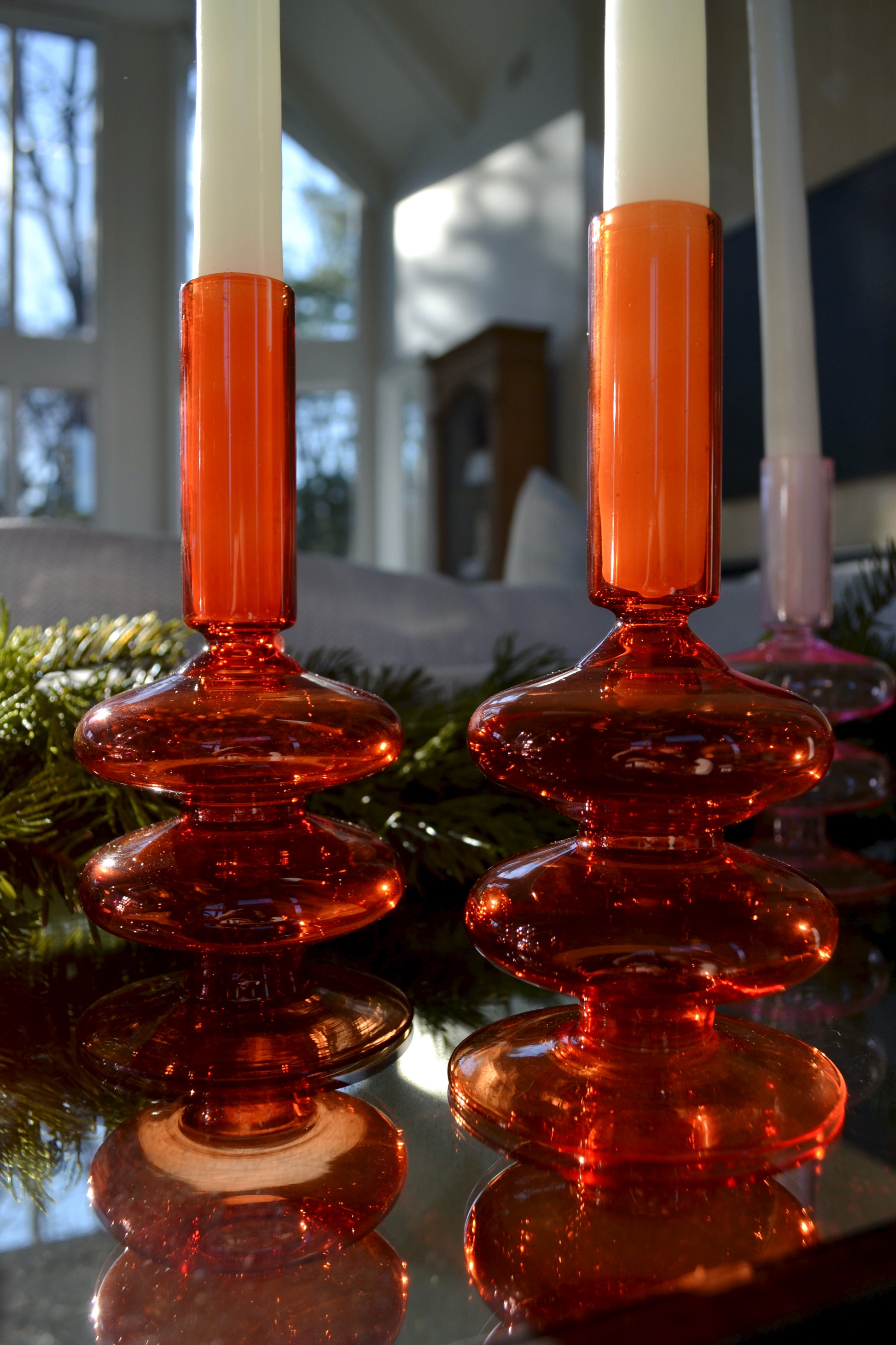 Colorful glass candle holder, orange candle holder, wavy glass taper candle holder, home decor, front view