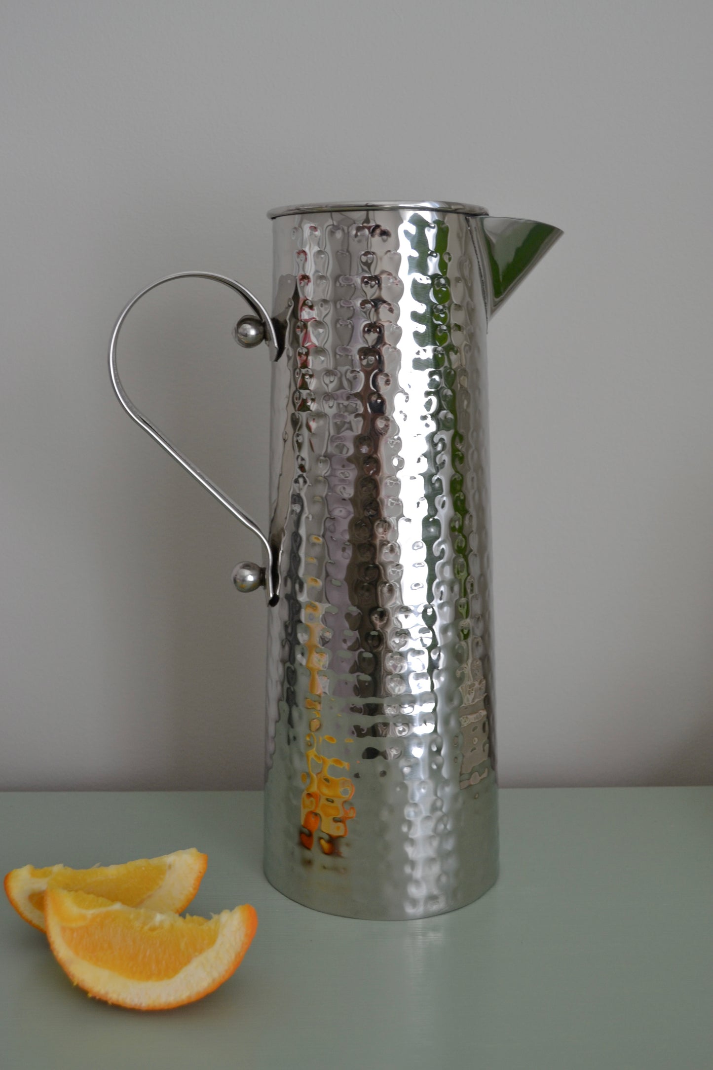 Stainless steel pitcher, hammered pitcher, elegant pitcher, silver pitcher, kitchen home decor, zoomed out