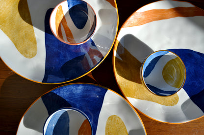 Porcelain plate set, orange blue yellow plates, six plate set, colorful plates, plate and bowl set, wavy edge plate, kitchen decor, full view