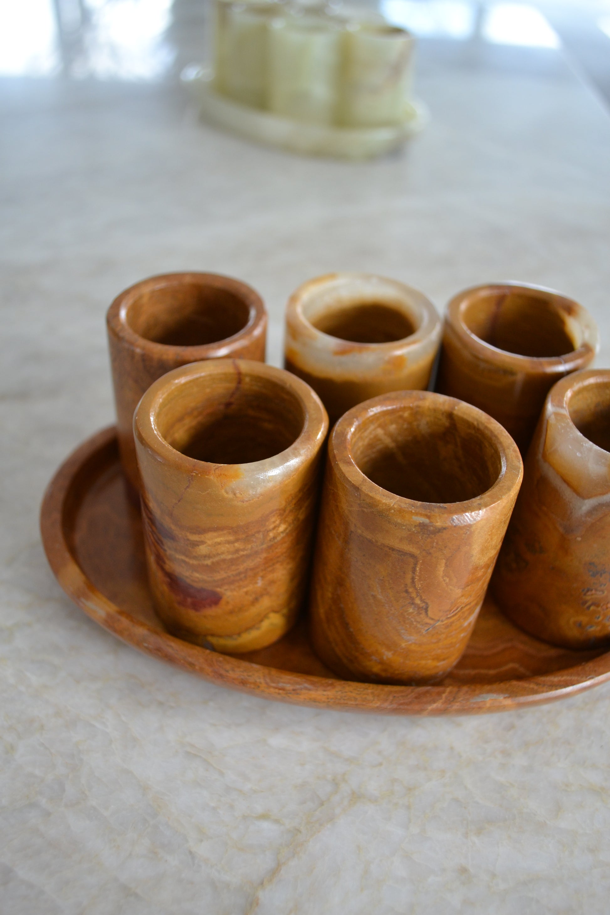 Fun shot glasses, drinking set, onyx shot glass, green shot glass, brown shot glass, orange shot glass, drinkware, kitchen home decor, brown set zoomed out view