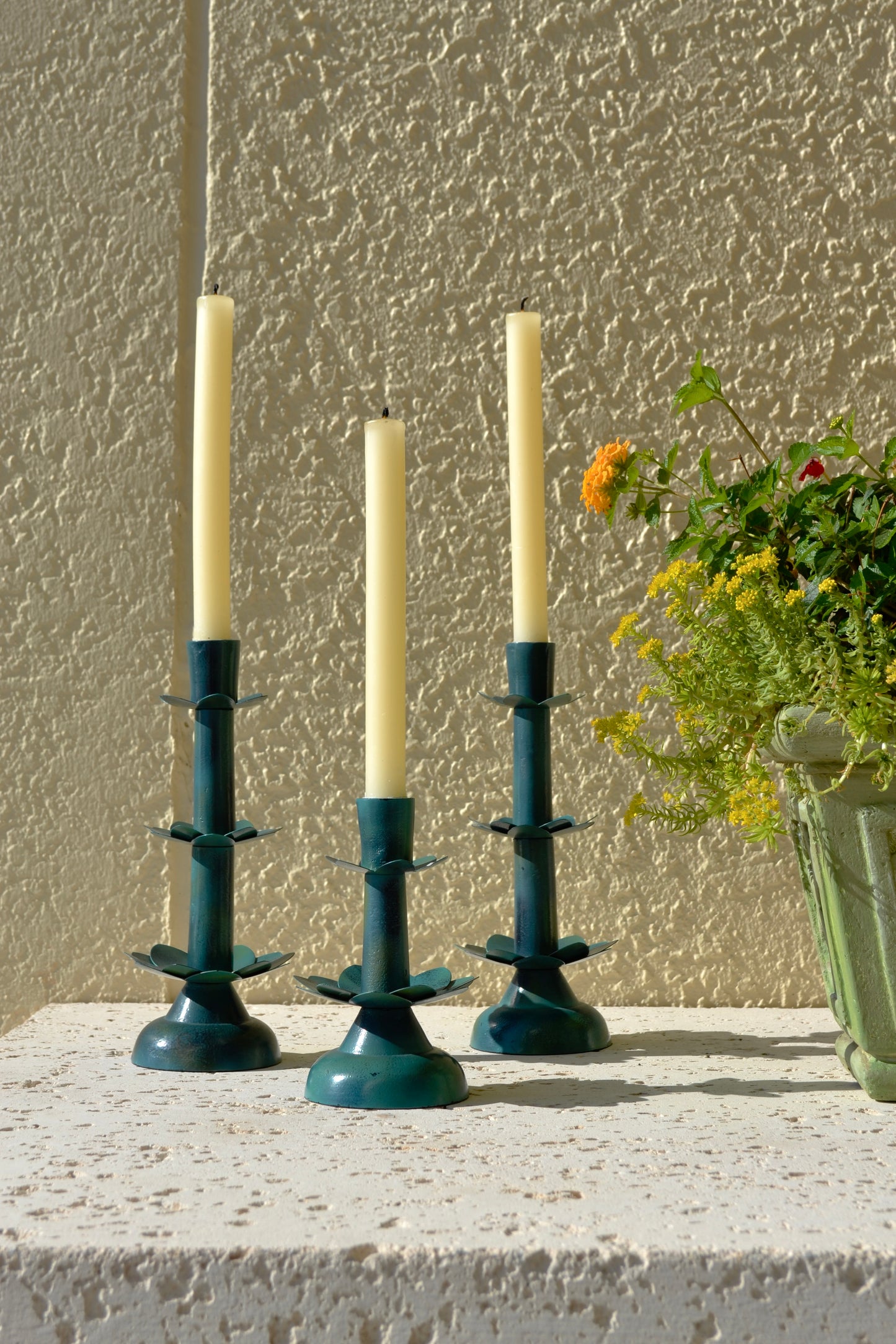 Metal candleholder, green candleholder, flower candleholder, coffee table decor, home accessories, teal decor, full zoomed out view