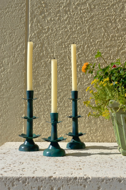 Metal candleholder, green candleholder, flower candleholder, coffee table decor, home accessories, teal decor, full zoomed out view