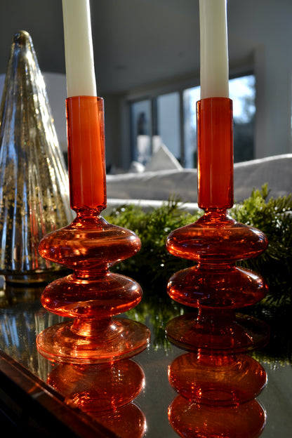 Colorful glass candle holder, orange candle holder, wavy glass taper candle holder, home decor, candle stick holder pair