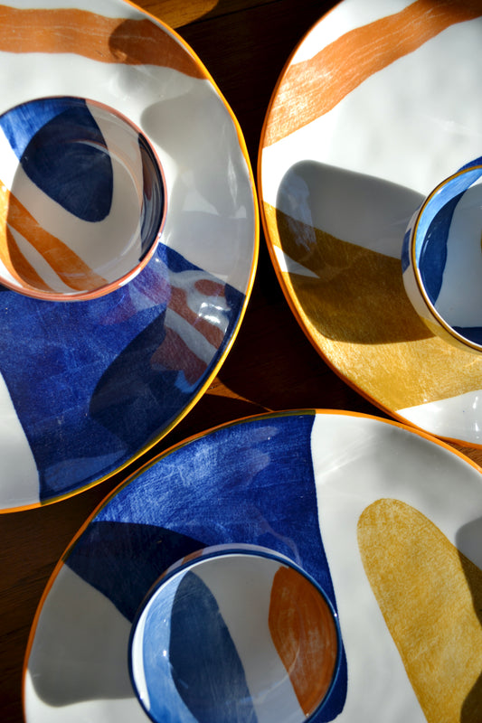 Porcelain plate set, orange blue yellow plates, six plate set, colorful plates, plate and bowl set, wavy edge plate, kitchen decor, zoomed out view