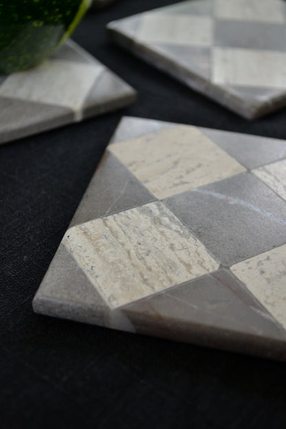 Coaster set, stone coasters, marble travertine coasters, coffee table decor, checkered coaster, home gifts, patterned coaster set, detail view