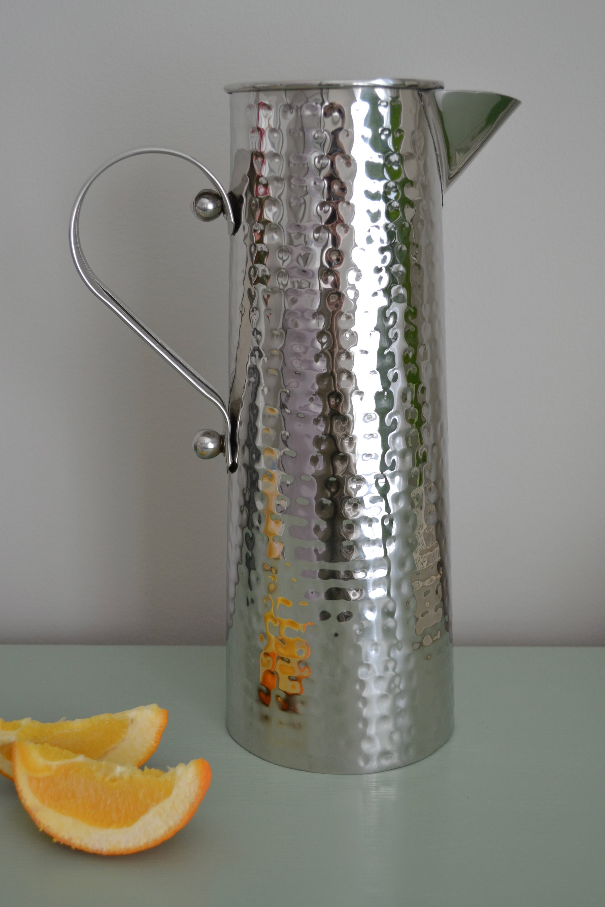 Stainless steel pitcher, hammered pitcher, elegant pitcher, silver pitcher, kitchen home decor, zoomed in