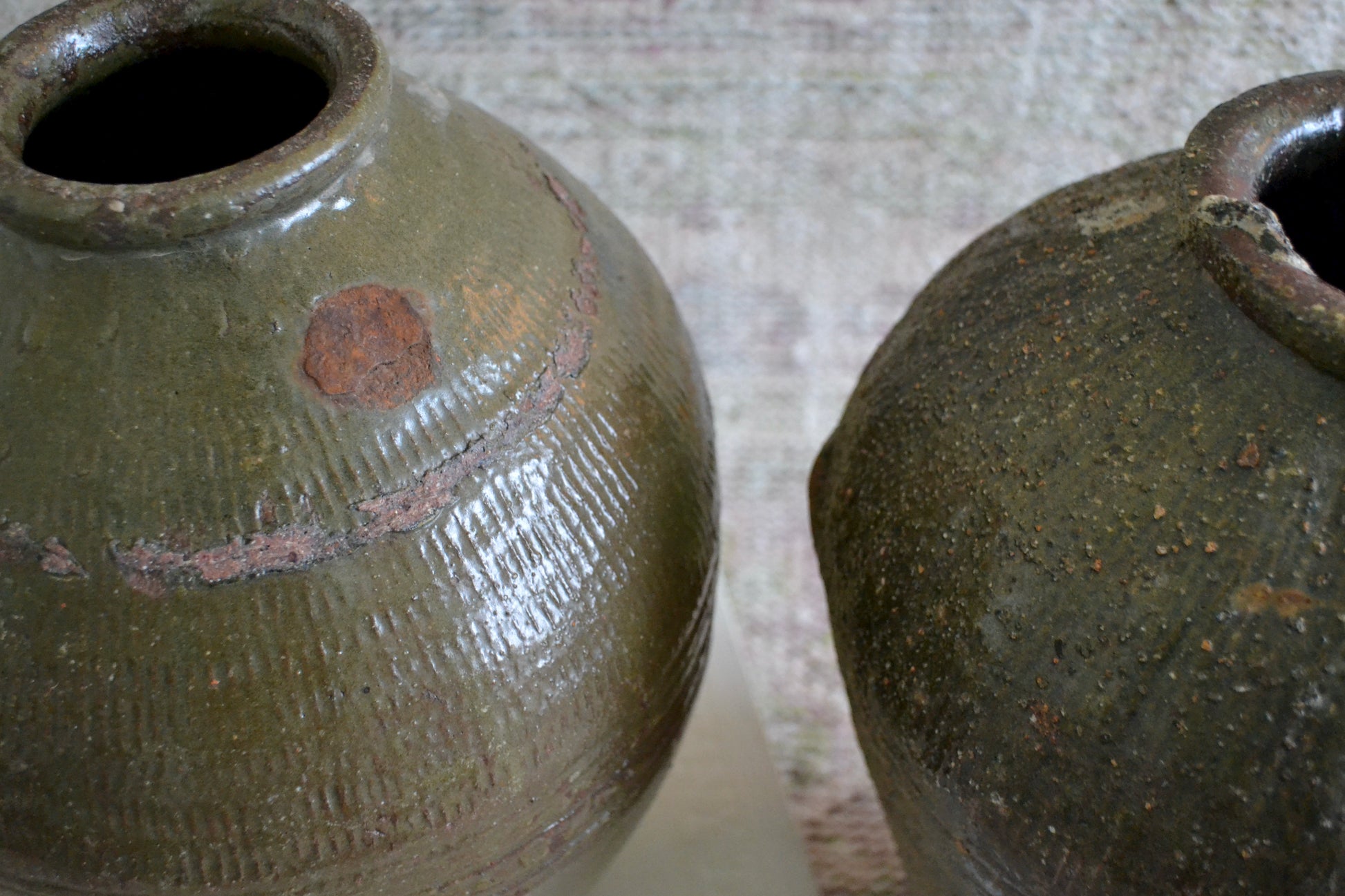 Large green jar, large flower vase, green vase, handmade, chinese jar, textured decorative vase, pair of vases, two size vases, home decor, top view