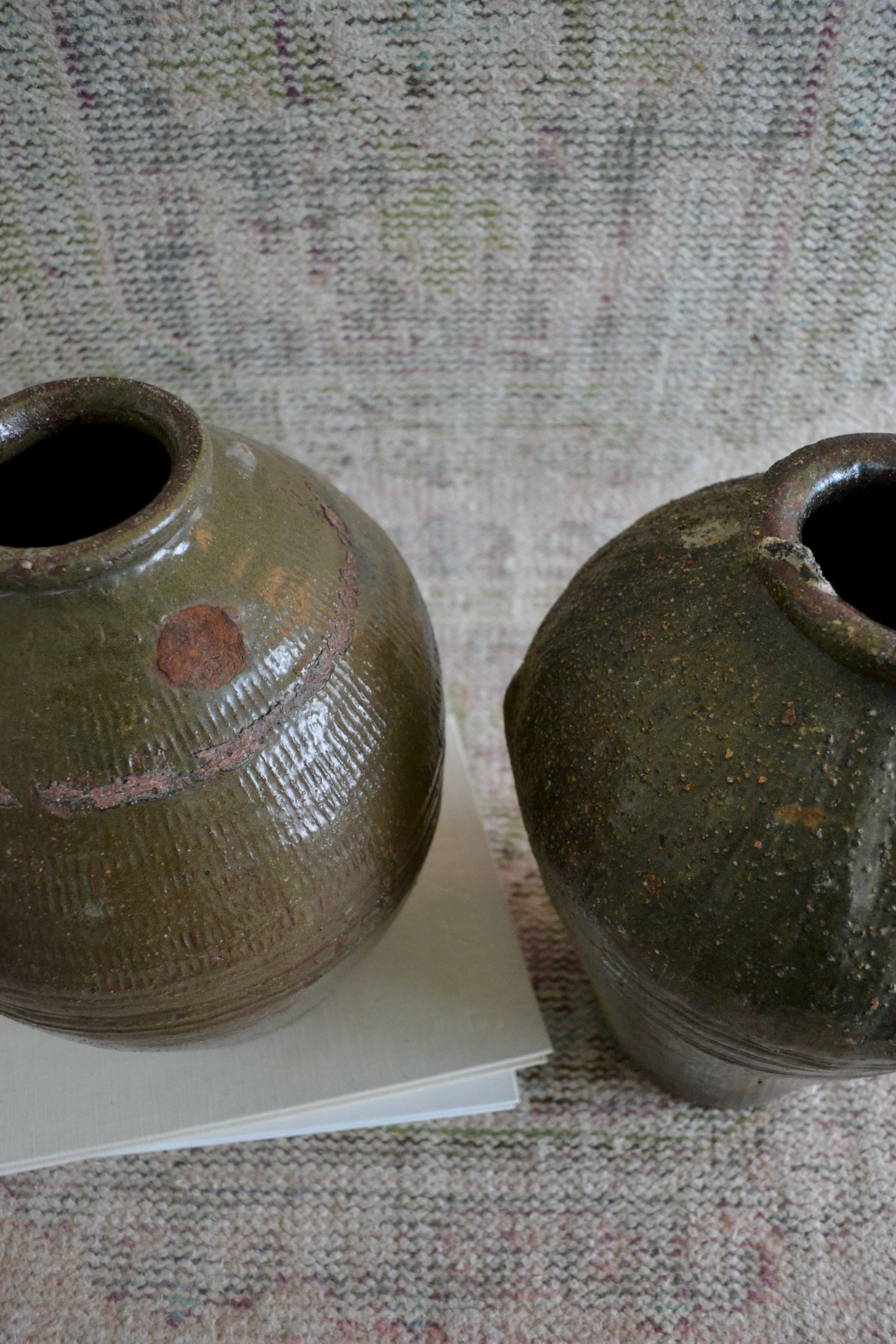 Large green jar, large flower vase, green vase, handmade, chinese jar, textured decorative vase, pair of vases, two size vases, home decor, overhead view