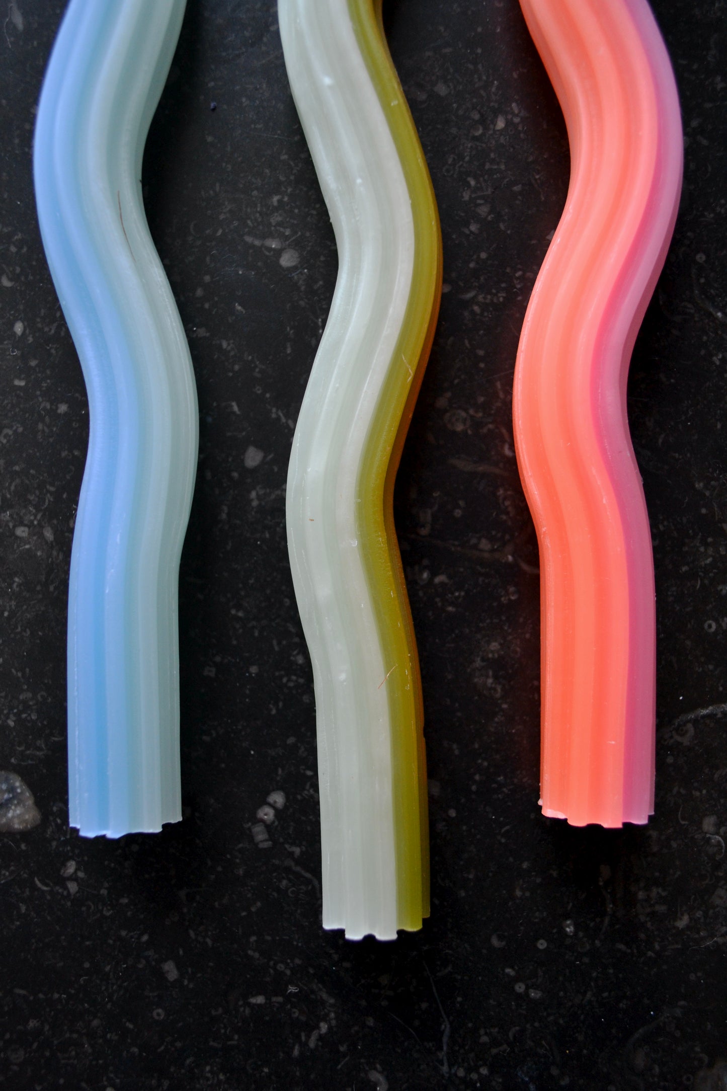 Wavy candlesticks, colorful candles, pink green blue candlesticks, home decor, bottom half view