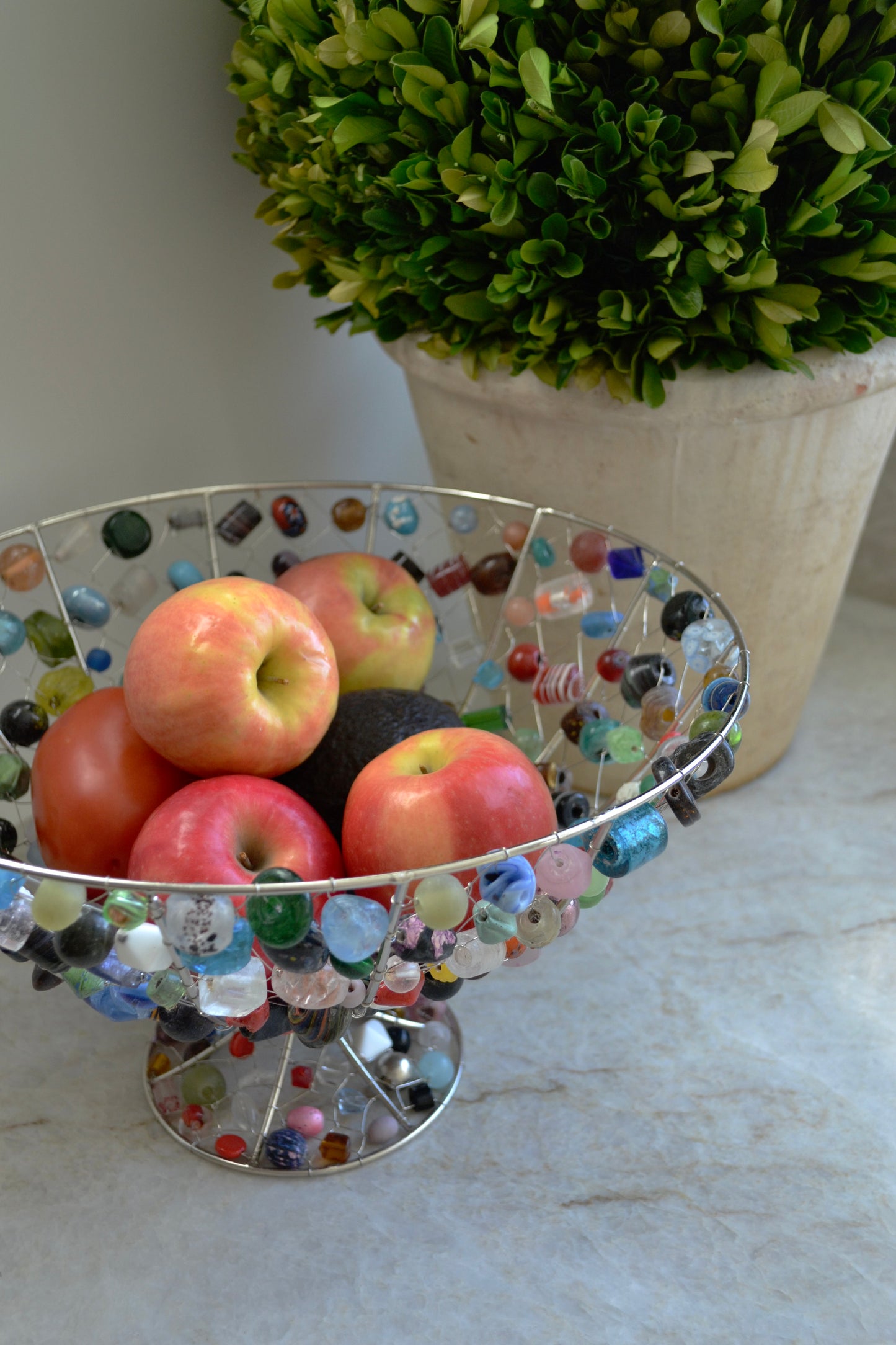 Beaded fruit bowl, colorful beaded kitchen decor, beaded bowl, funky kitchen, home decor, zoom out