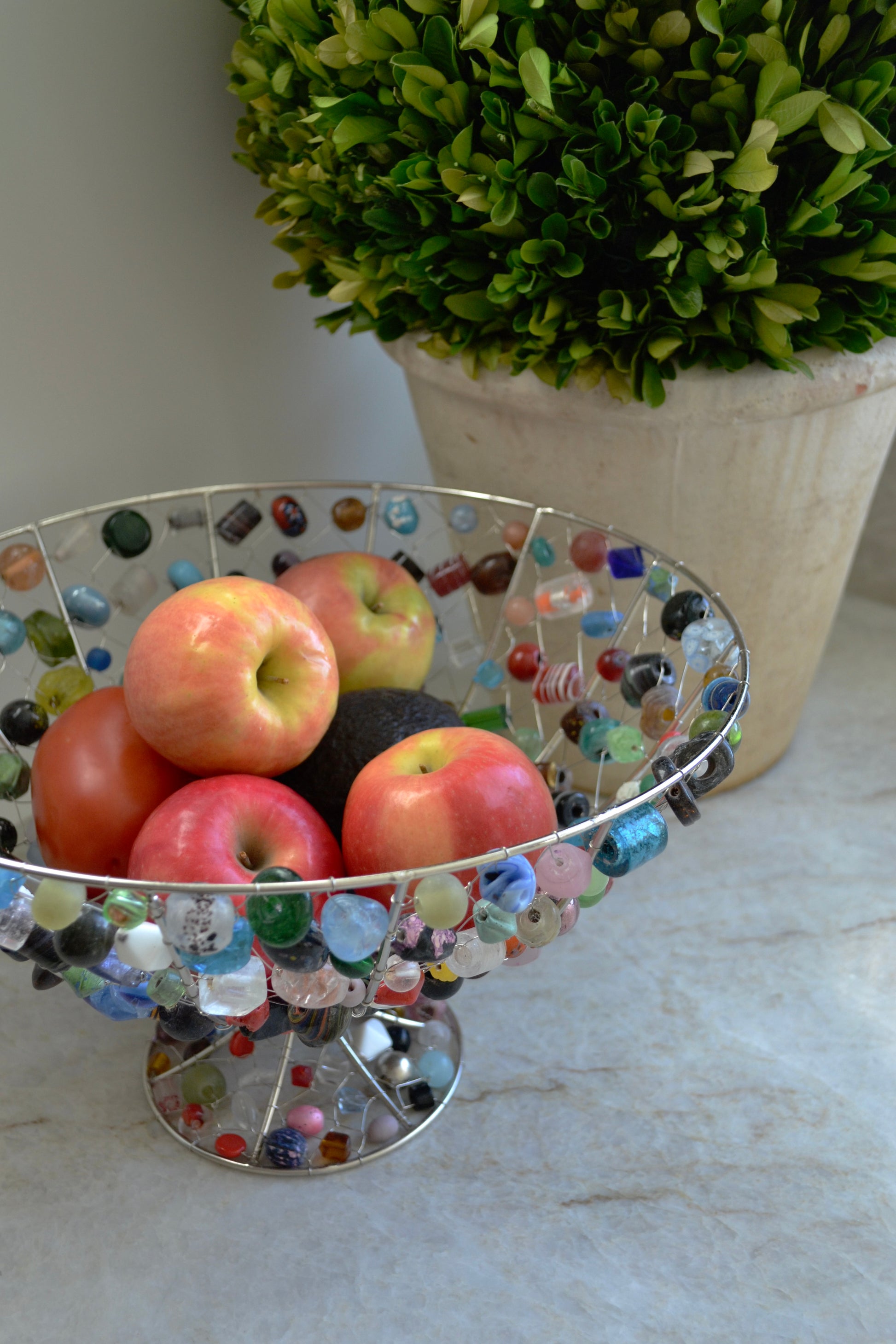 Beaded fruit bowl, colorful beaded kitchen decor, beaded bowl, funky kitchen, home decor, zoom out