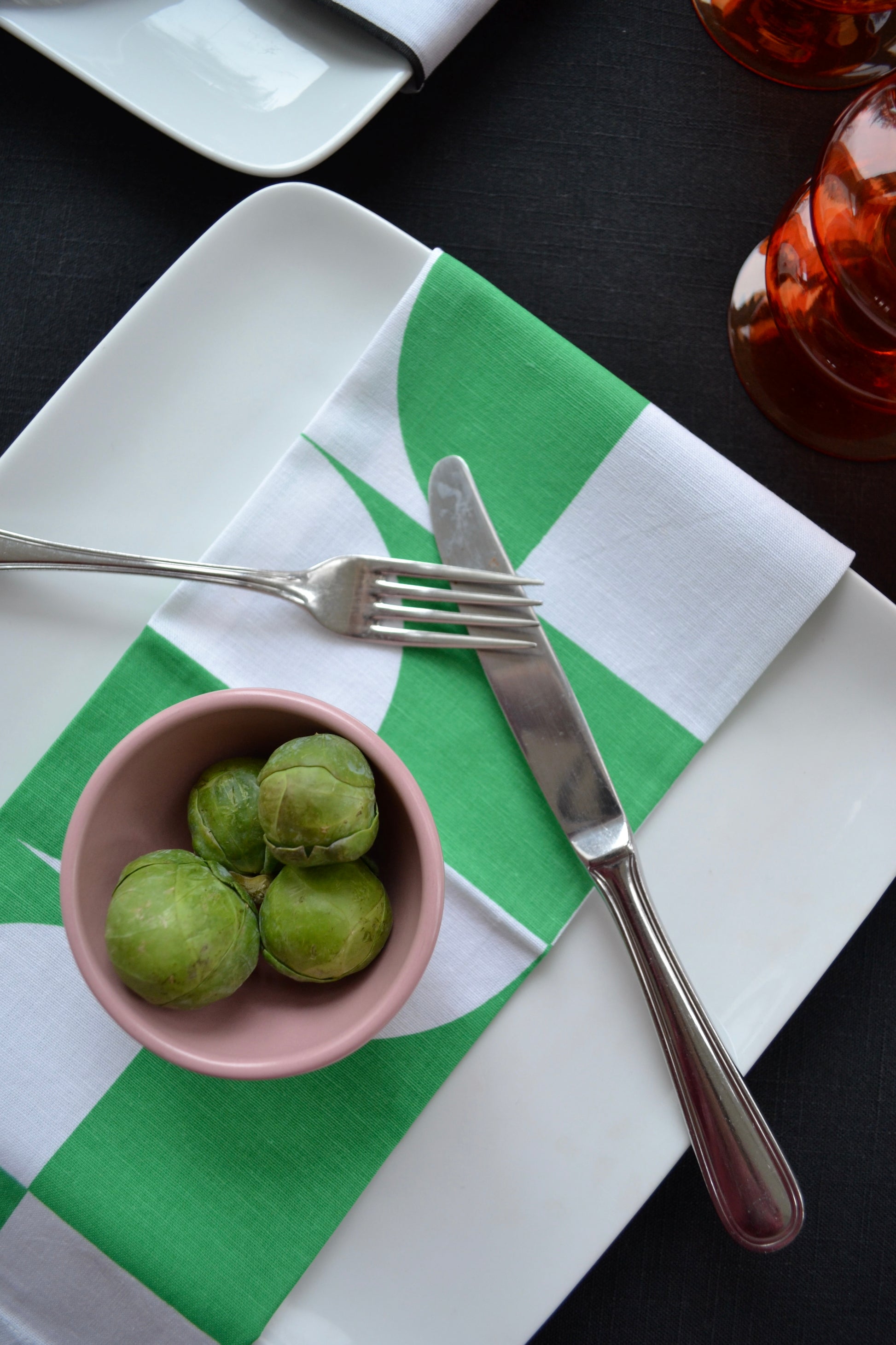 Colorful napkins, color block napkins, dining setting, kitchen home decor, multicolored napkin set, overhead close upview