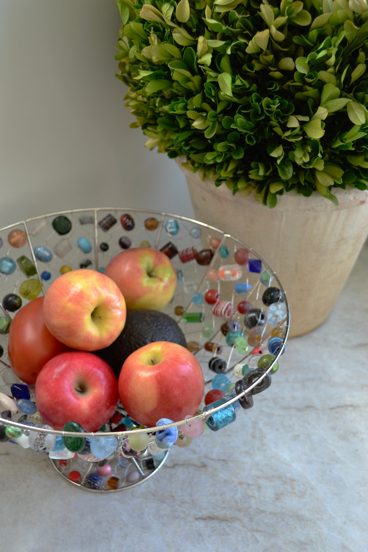 Beaded fruit bowl, colorful beaded kitchen decor, beaded bowl, funky kitchen, home decor, top view