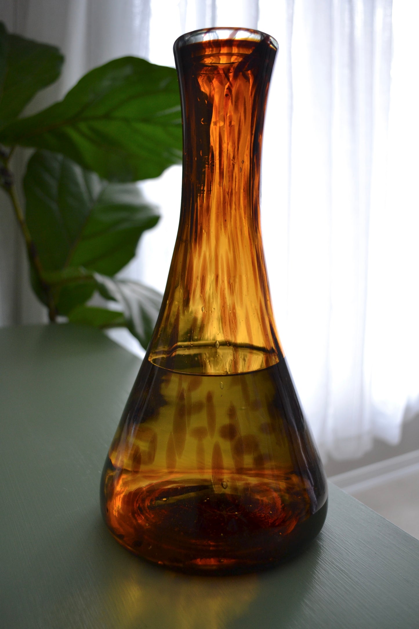 recycled glass decanter, hand blown glass home decor, artisan decanter, amber decanter, glass wine decanter, spotted decanter, full view