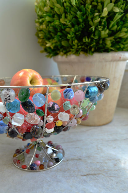 Beaded fruit bowl, colorful beaded kitchen decor, beaded bowl, funky kitchen, home decor, profile view