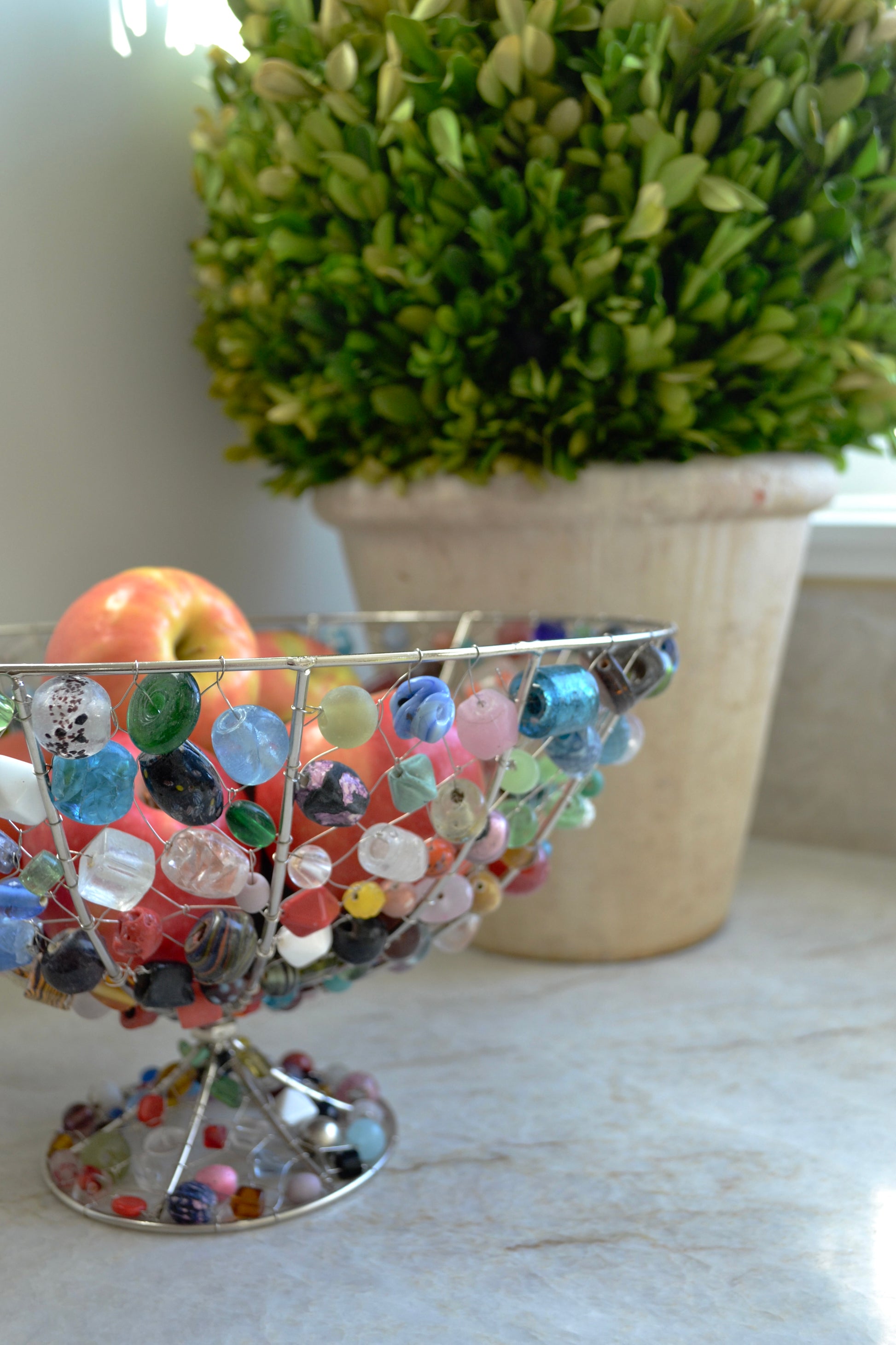 Beaded fruit bowl, colorful beaded kitchen decor, beaded bowl, funky kitchen, home decor, zoom out