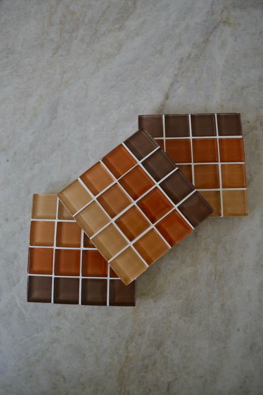 Tile coaster set, funky coasters, brown coaster, ombre coaster set, handmade coaster, coffee table decor, checkered tile coaster, home decor, zoomed out view