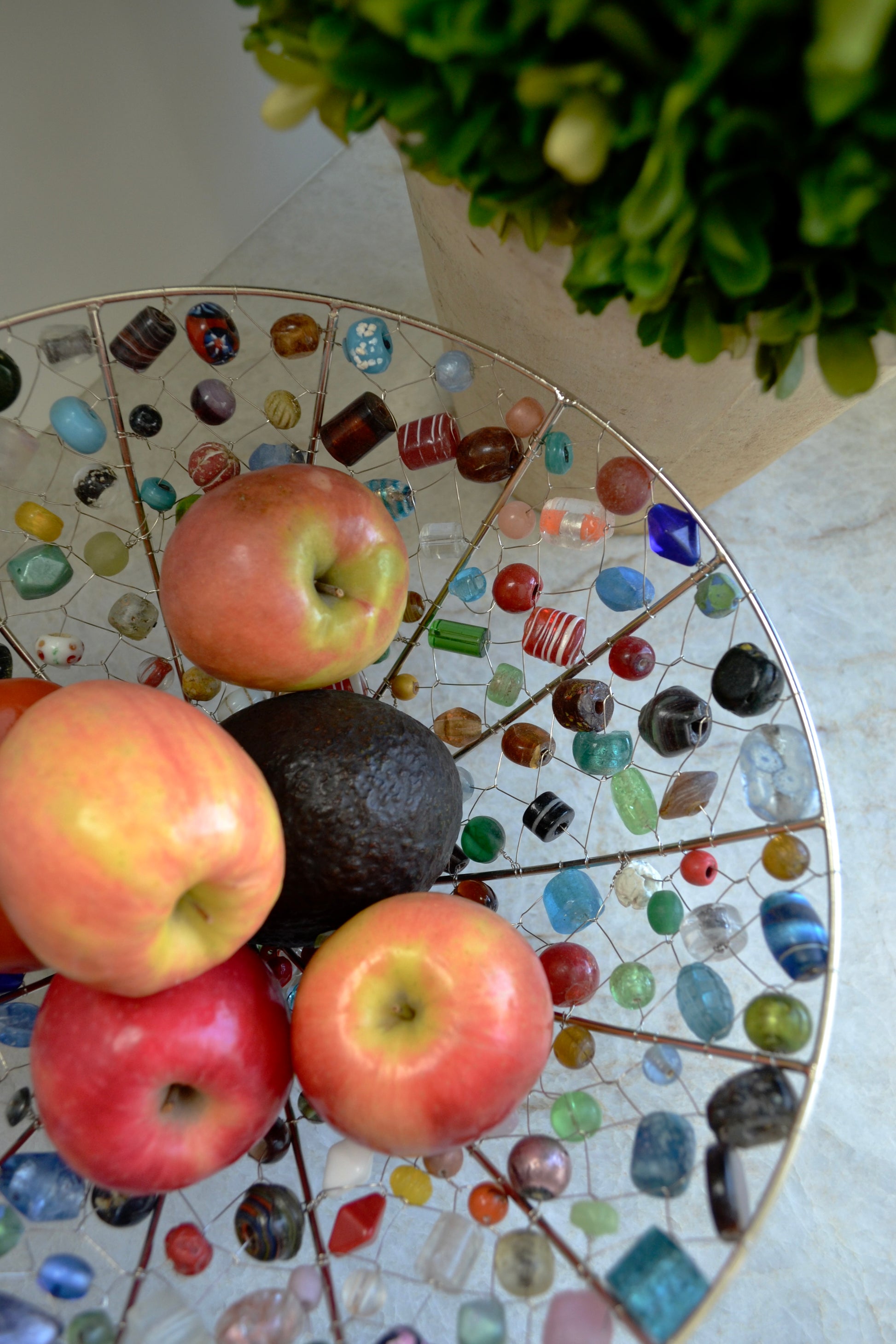 Beaded fruit bowl, colorful beaded kitchen decor, beaded bowl, funky kitchen, home decor, overheadview