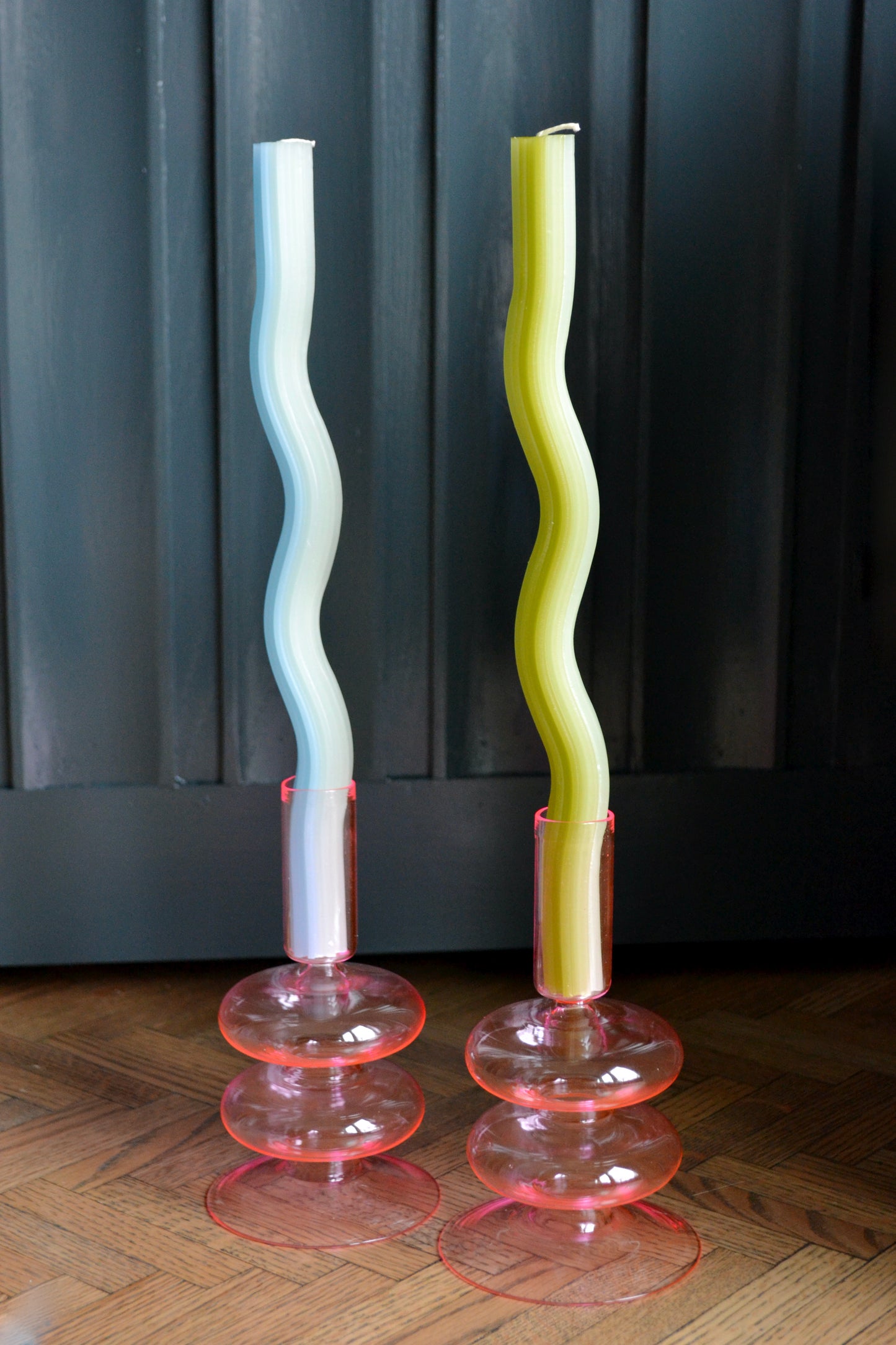 Wavy candlesticks, colorful candles, pink green blue candlesticks, home decor, blue and green in candle holders