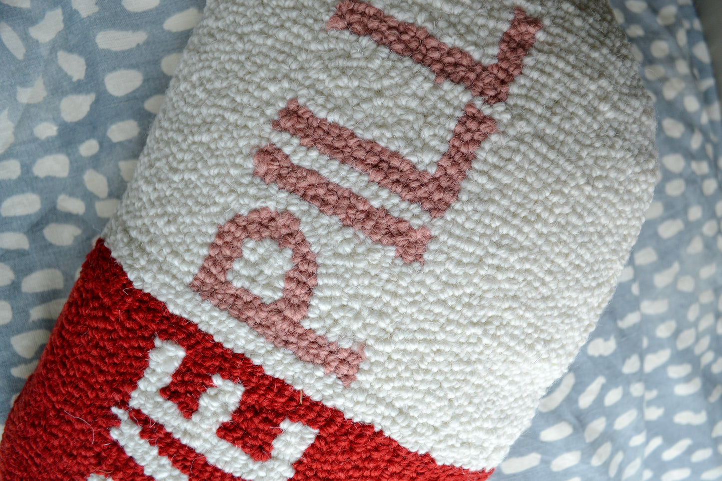 Wool pillow, hooked pillow, big deal pillow, throw pillow, pink red and white pillow, love pill pillow, living room, home decor, accents, detail view