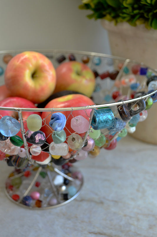 Beaded fruit bowl, colorful beaded kitchen decor, beaded bowl, funky kitchen, home decor, side view