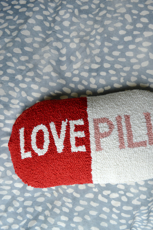 Wool pillow, hooked pillow, big deal pillow, throw pillow, pink red and white pillow, love pill pillow, living room, home decor, accents, partial  view