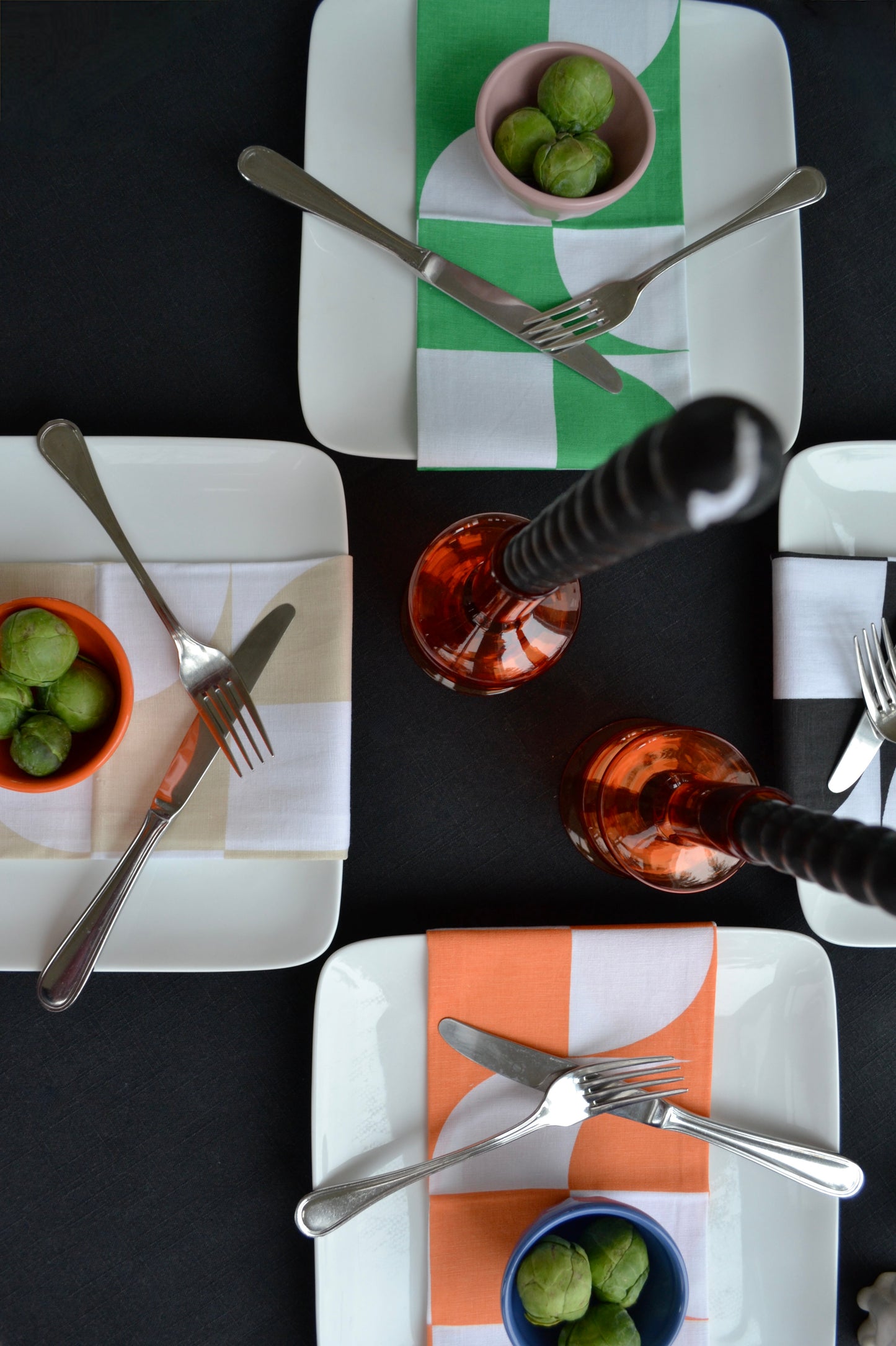 Colorful napkins, color block napkins, dining setting, kitchen home decor, multicolored napkin set, overhead view