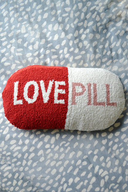 Wool pillow, hooked pillow, big deal pillow, throw pillow, pink red and white pillow, love pill pillow, living room, home decor, accents, zoomed out view