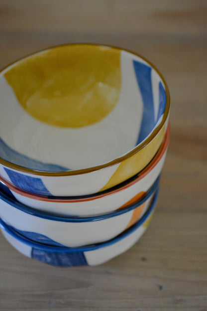 Porcelain plate set, orange blue yellow plates, six bowl set, colorful bowls, pinch bowl set, plate and bowl set, kitchen decor, stacked bowl view