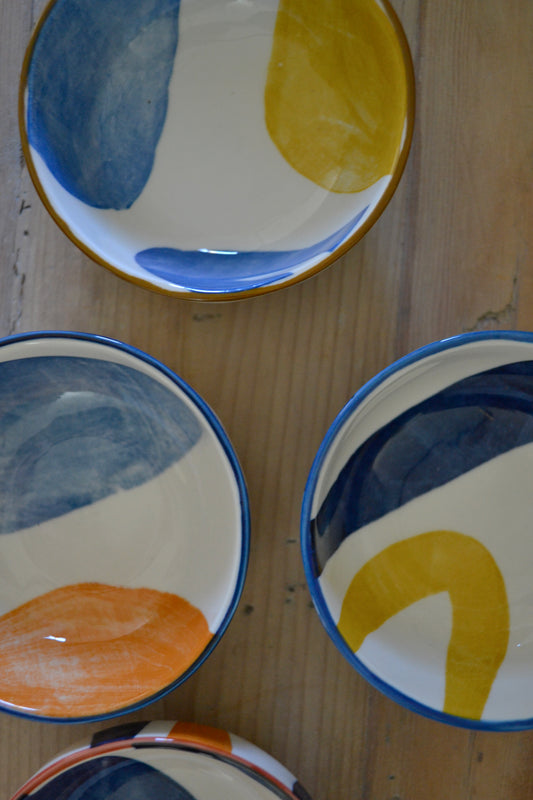 Porcelain plate set, orange blue yellow plates, six bowl set, colorful bowls, pinch bowl set, plate and bowl set, kitchen decor, zoomed in view