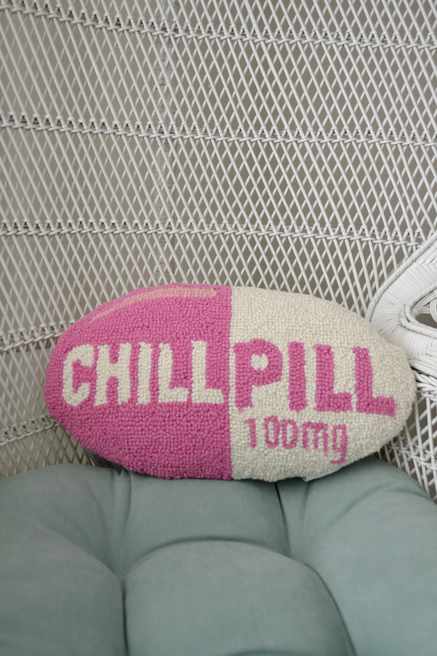 Wool pillow, hooked pillow, big deal pillow, throw pillow, pink and white pillow, chill pill pillow, living room, home decor, accents, zoomed out view