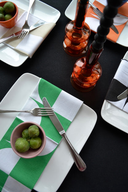 Colorful napkins, color block napkins, dining setting, kitchen home decor, multicolored napkin set, angled view