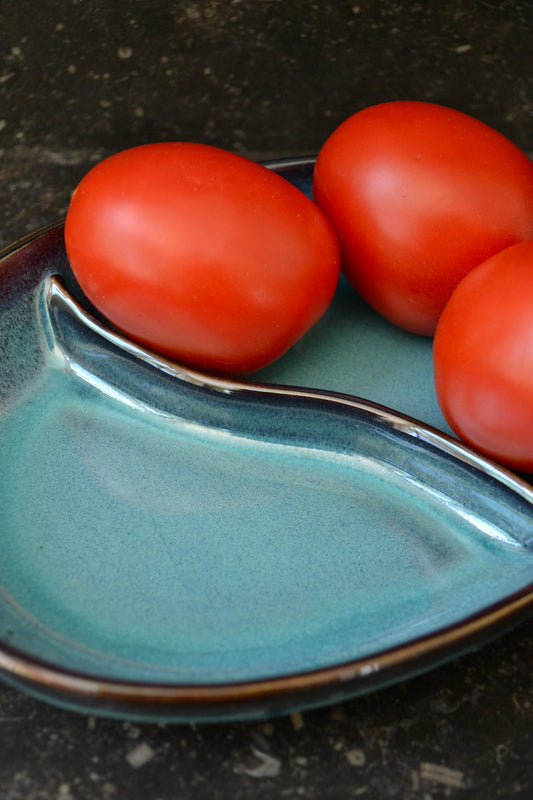 Blue bowl, divided bowl, unique blue bowl, unique bowl, kitchenware, serveware, funky home decor, eclectic bowl, unique bowl, zoomed in view