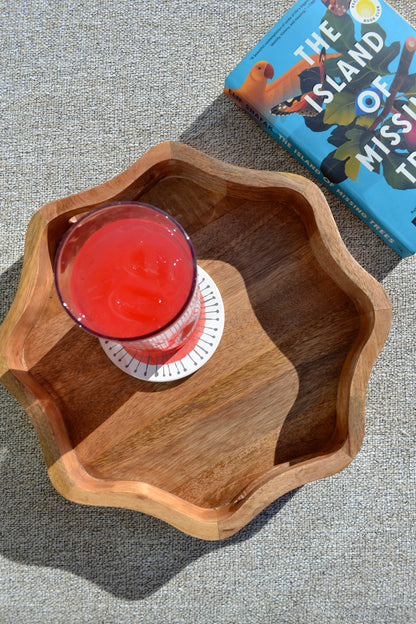 Wavy tray, scalloped wood tray, tray with handles, light wood tray, coffee table tray, home decor, living room accessories, overhead view