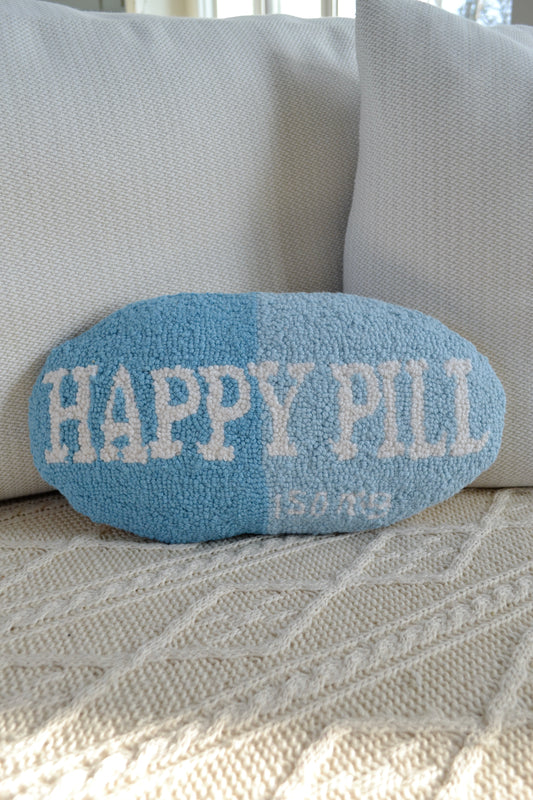 Wool pillow, hooked pillow, big deal pillow, throw pillow, blue and white pillow, happy pill pillow, living room, home decor, accents, zoomed out view