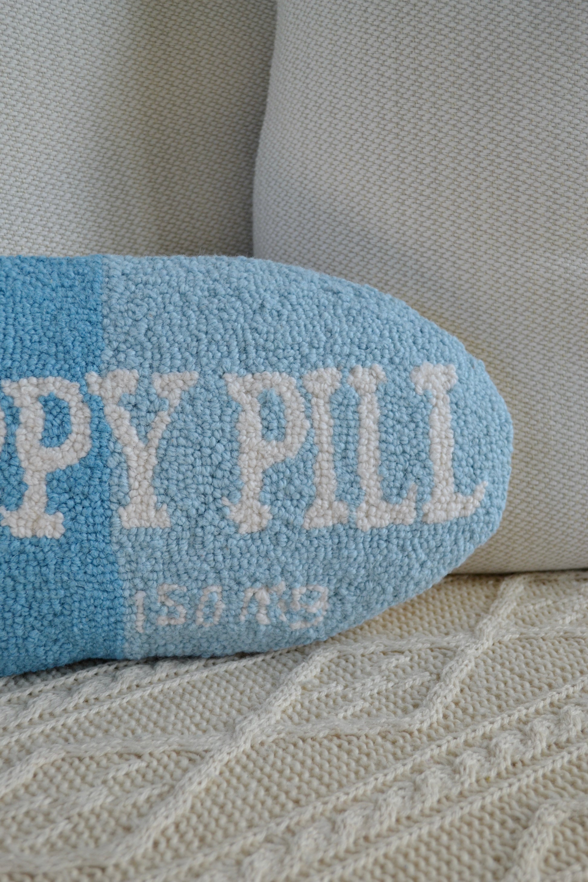 Wool pillow, hooked pillow, big deal pillow, throw pillow, blue and white pillow, happy pill pillow, living room, home decor, accents, zoomed in view