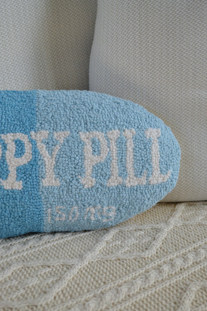 Wool pillow, hooked pillow, big deal pillow, throw pillow, blue and white pillow, happy pill pillow, living room, home decor, accents, zoomed in view