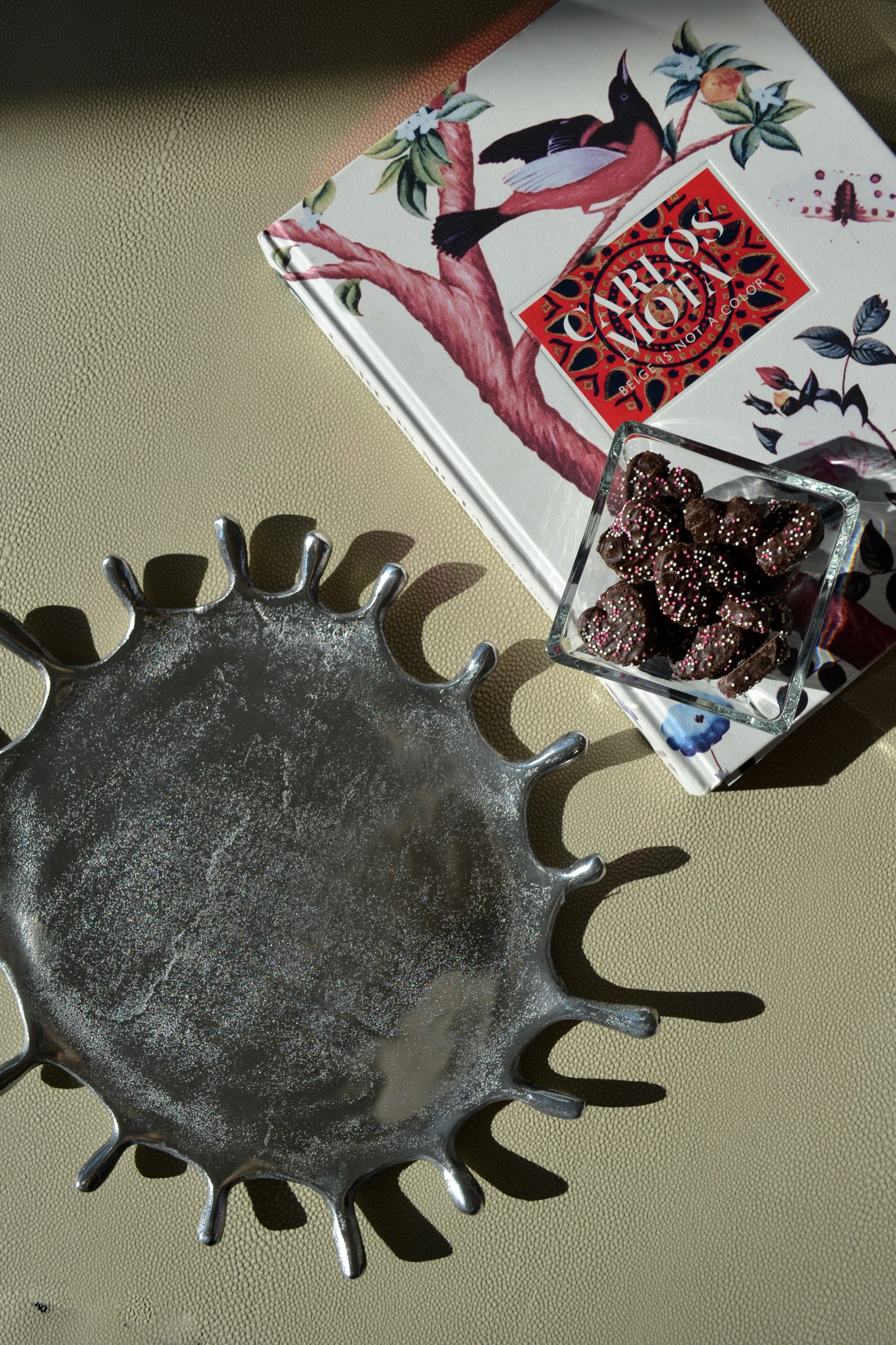 Serving tray, aluminum plate, wavy tray, silver plate, funky home decor on coffee table