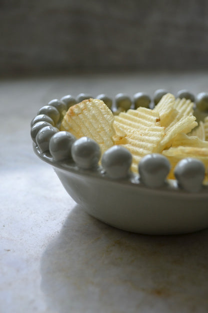 Small bowls, ceramic bowl, beaded edge bowl, grey bowl, food bowl set, kitchen bowls, snack bowl, home decor, profile view