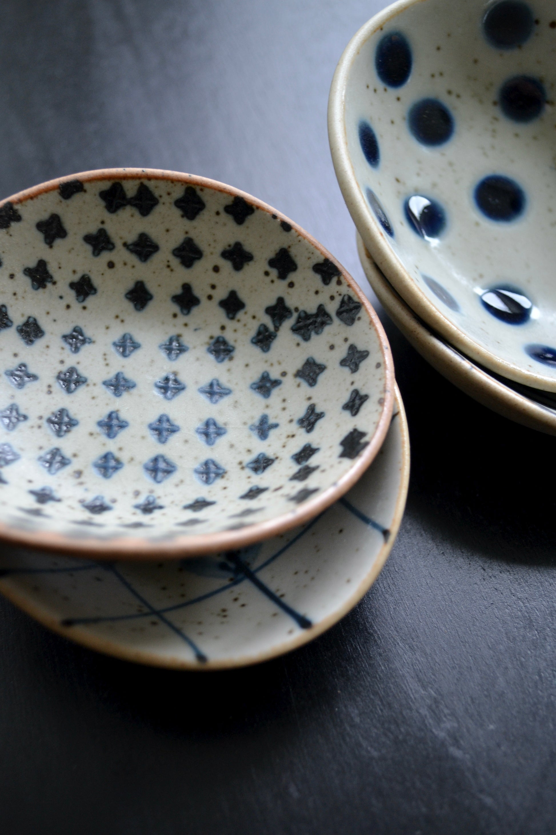 Small blue and white bowls, patterned dish set, bowl set, pinch bowls, stoneware, decorative kitchen decor, home accessories, stacked view