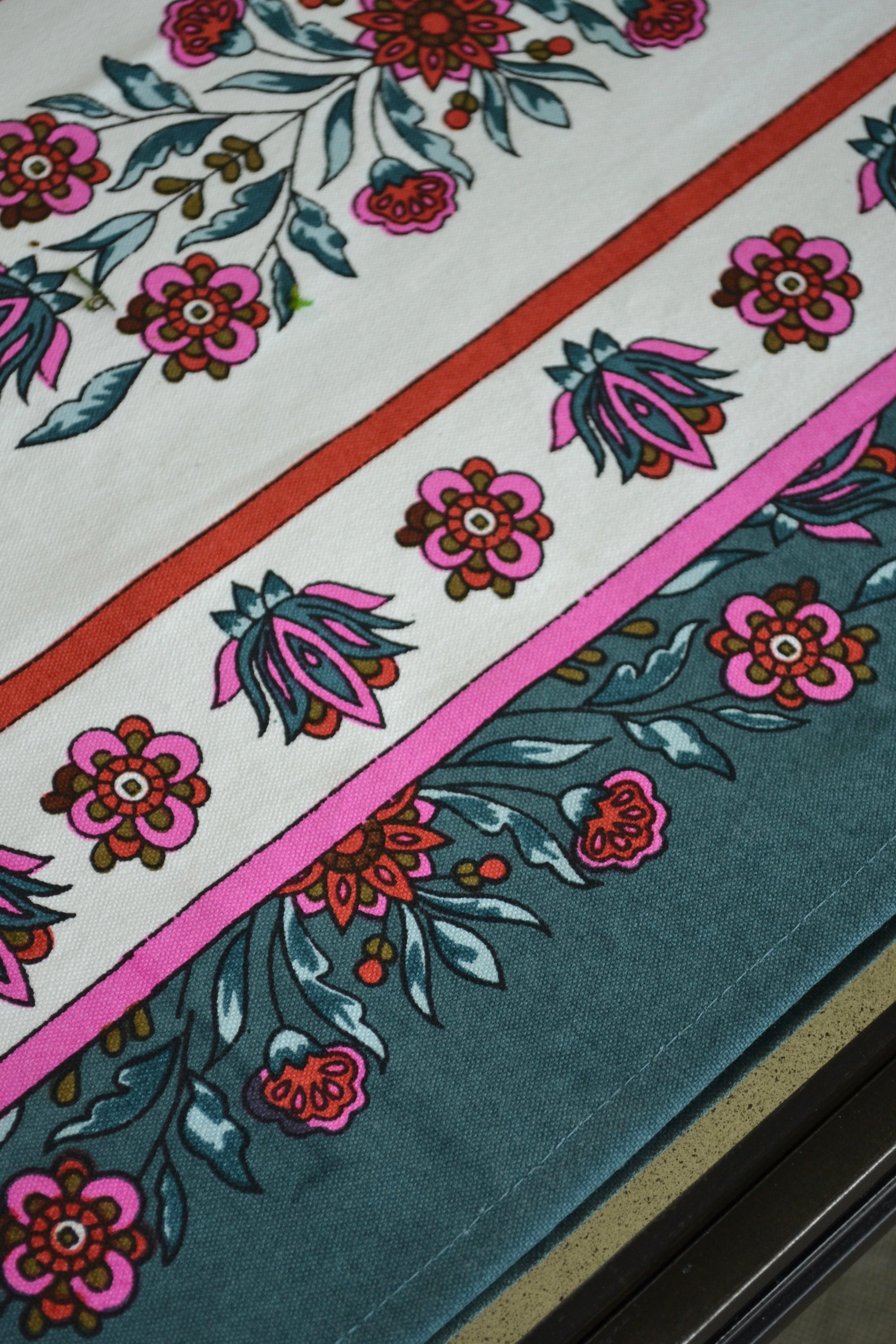 Table runner, floral table runner, colorful table runner, coffee table decor, dining table decor, spring table runner, summer table runner, blue pink red decor, eclectic home, home decor, close up view