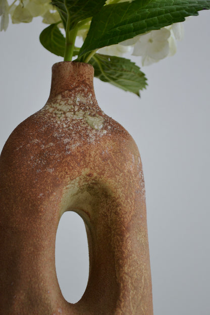 Rust vase, vase with whole, stoneware vase, watertight vase, flower vase, brown vase, home decor, detail view