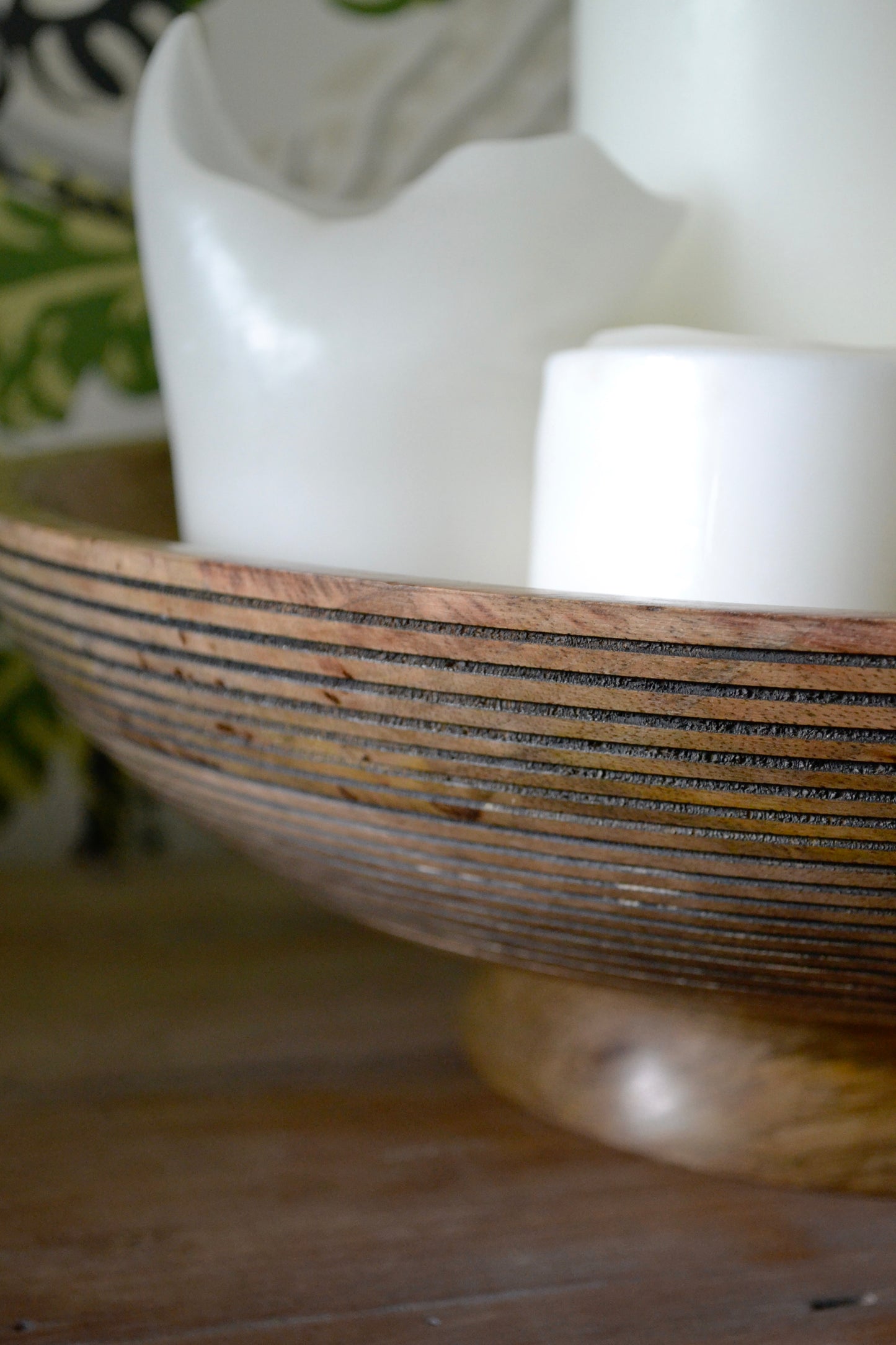 Wooden bowl, wooden pedestal bowl, decorative bowl, coffee table decor, home decor, eclectic home, carved wood decor, large bowl, bohemian decor, profile view