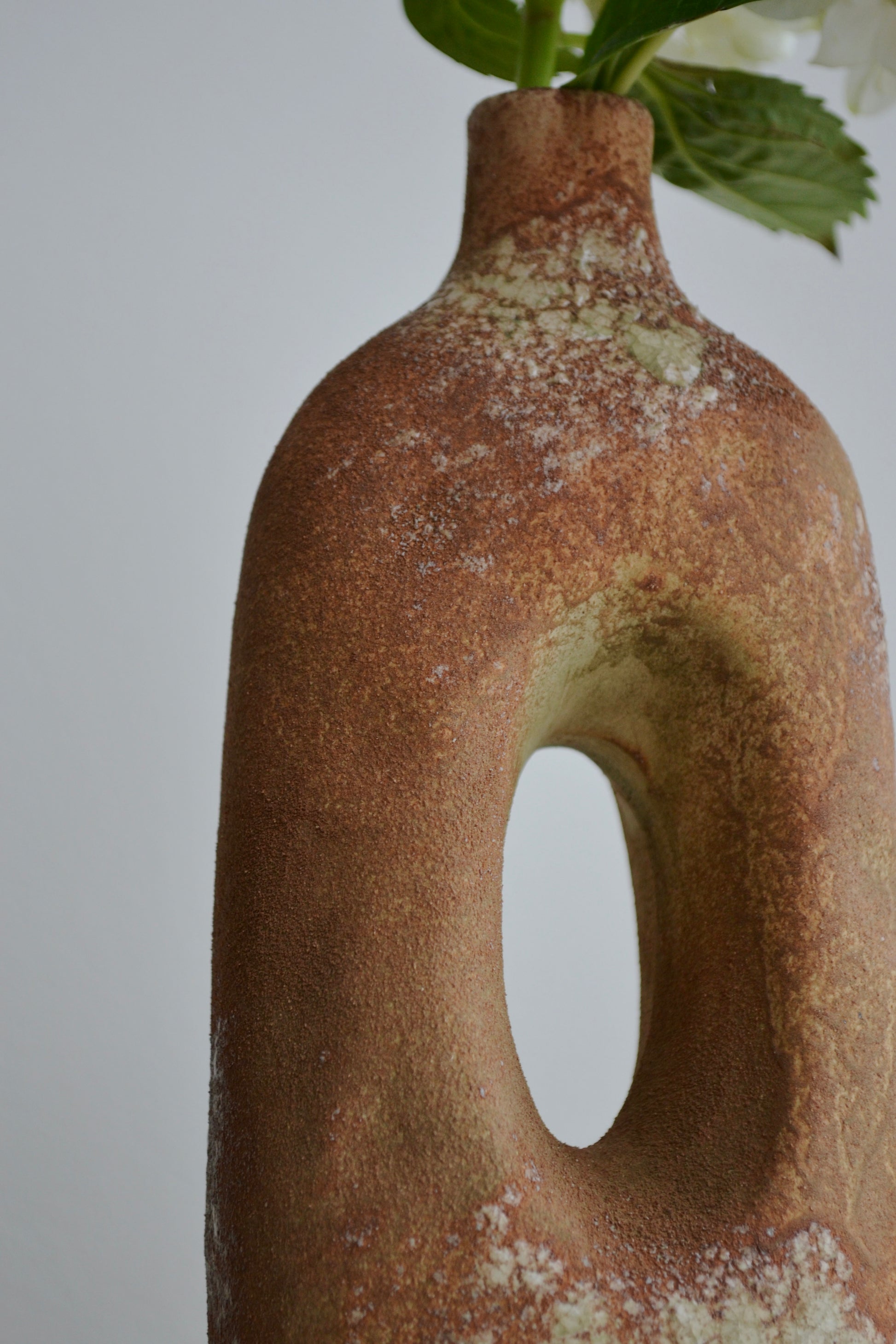 Rust vase, vase with whole, stoneware vase, watertight vase, flower vase, brown vase, home decor, zoomed in view