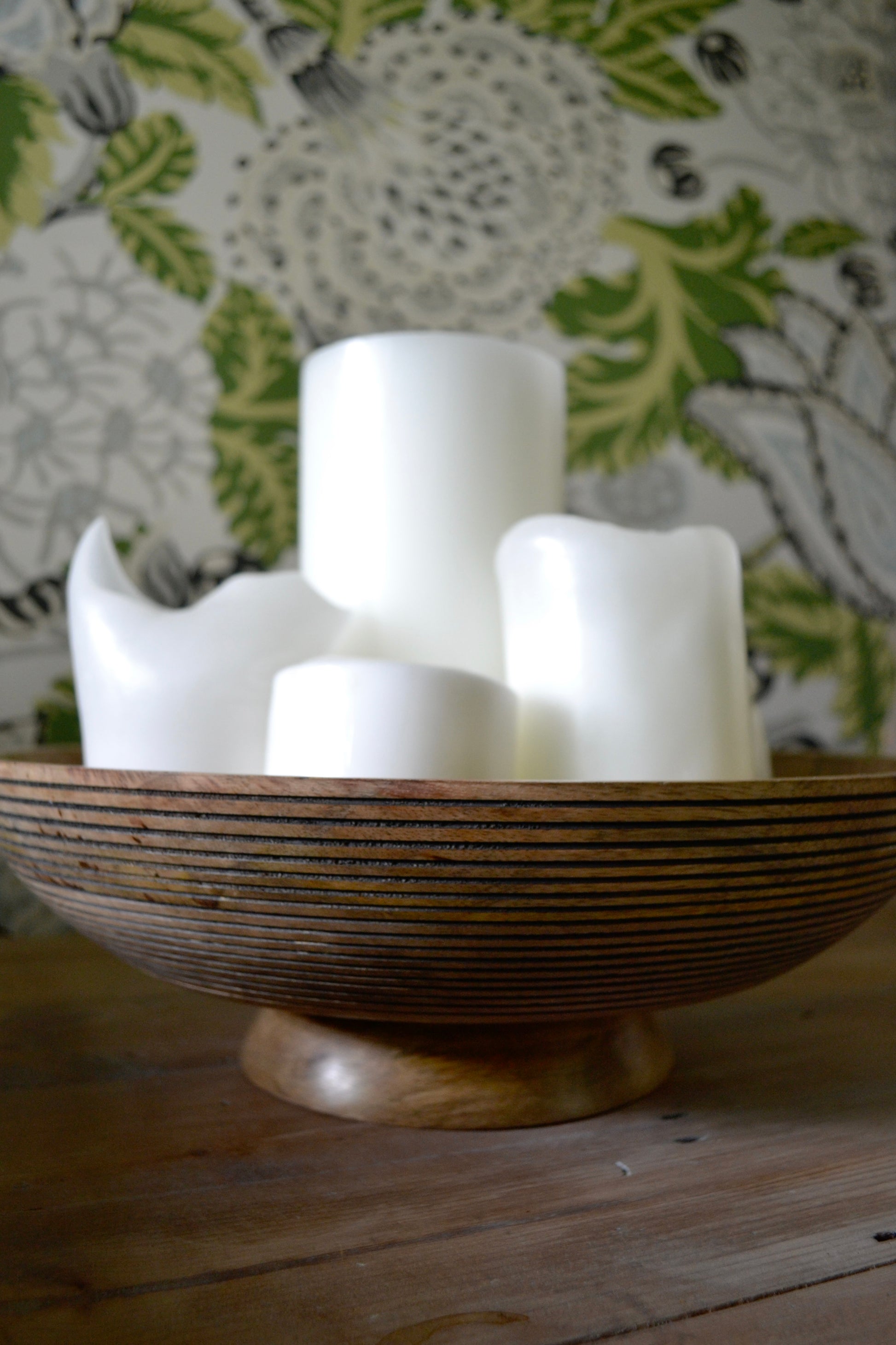 Wooden bowl, wooden pedestal bowl, decorative bowl, coffee table decor, home decor, eclectic home, carved wood decor, large bowl, bohemian decor, front view